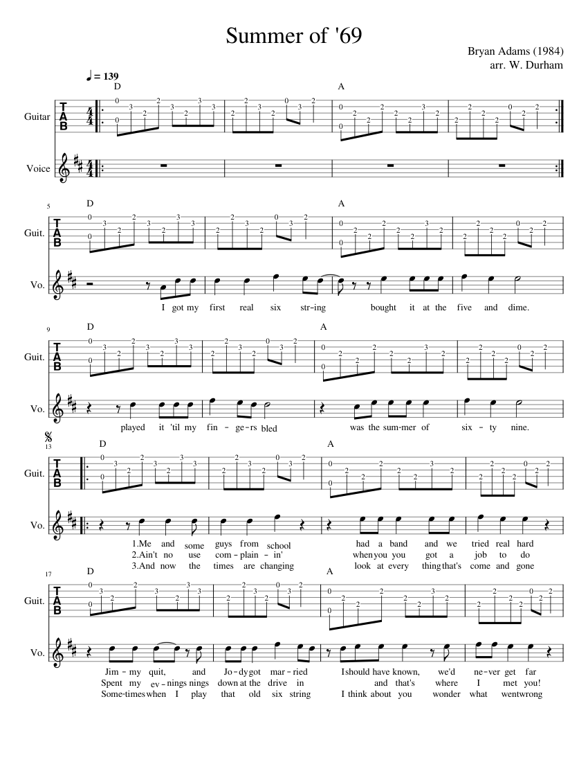 Summer of '69 - Fingerstyle Guitar and Voice Sheet Music and
