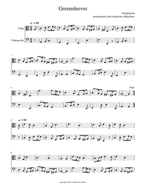 Greensleeves and variations – for Viola and Cello