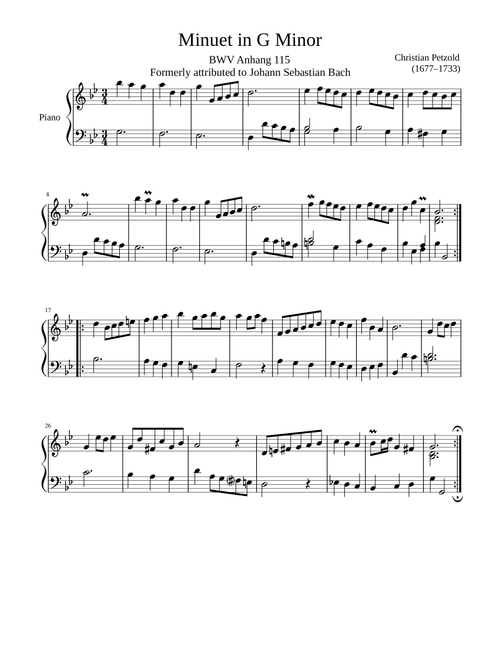 Minuet BWV Anhang 115 in G Minor (Arr. Zachary Corbett) - Christian Petzold (Piano Solo)