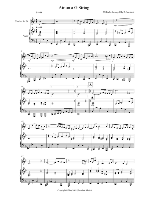 Air On A G String for Clarinet And Piano (Arr. David Burndrett) - JS Bach (Instrumental Duet)