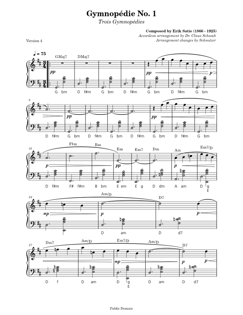 Gymnopédie No.1 – Erik Satie Sheet Music with Chords for Accordion