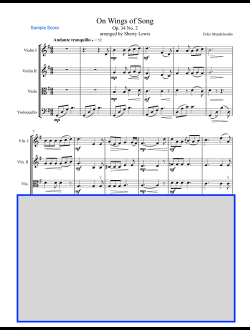 ON WINGS OF SONG, String Quartet, Intermediate Level for 2 violins, viola and cello (Arr. Sherry Lewis) - Felix Mendelssohn (String Quartet)