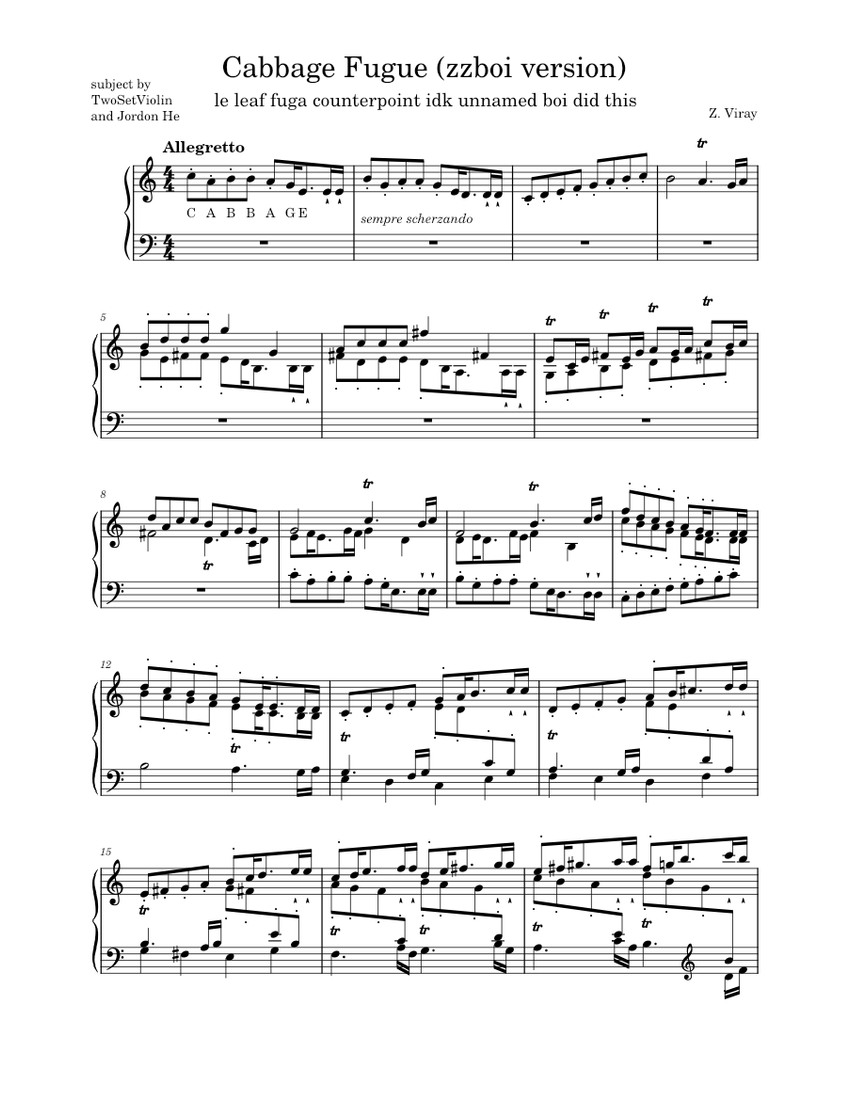 Cabbage Fugue (zzboi Edition) Sheet music for Piano (Solo