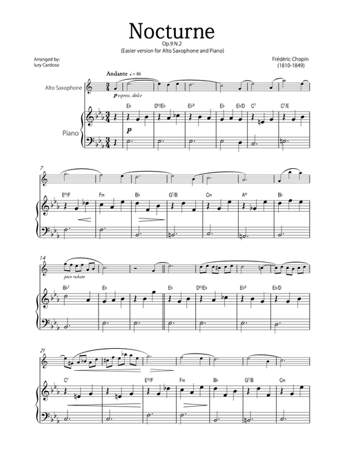 "Nocturne" (Chopin) - Beautiful EASY version for ALTO SAXOPHONE and PIANO. (Arr. Iury Cardoso) - Frédéric Chopin (Alto Sax and Piano)