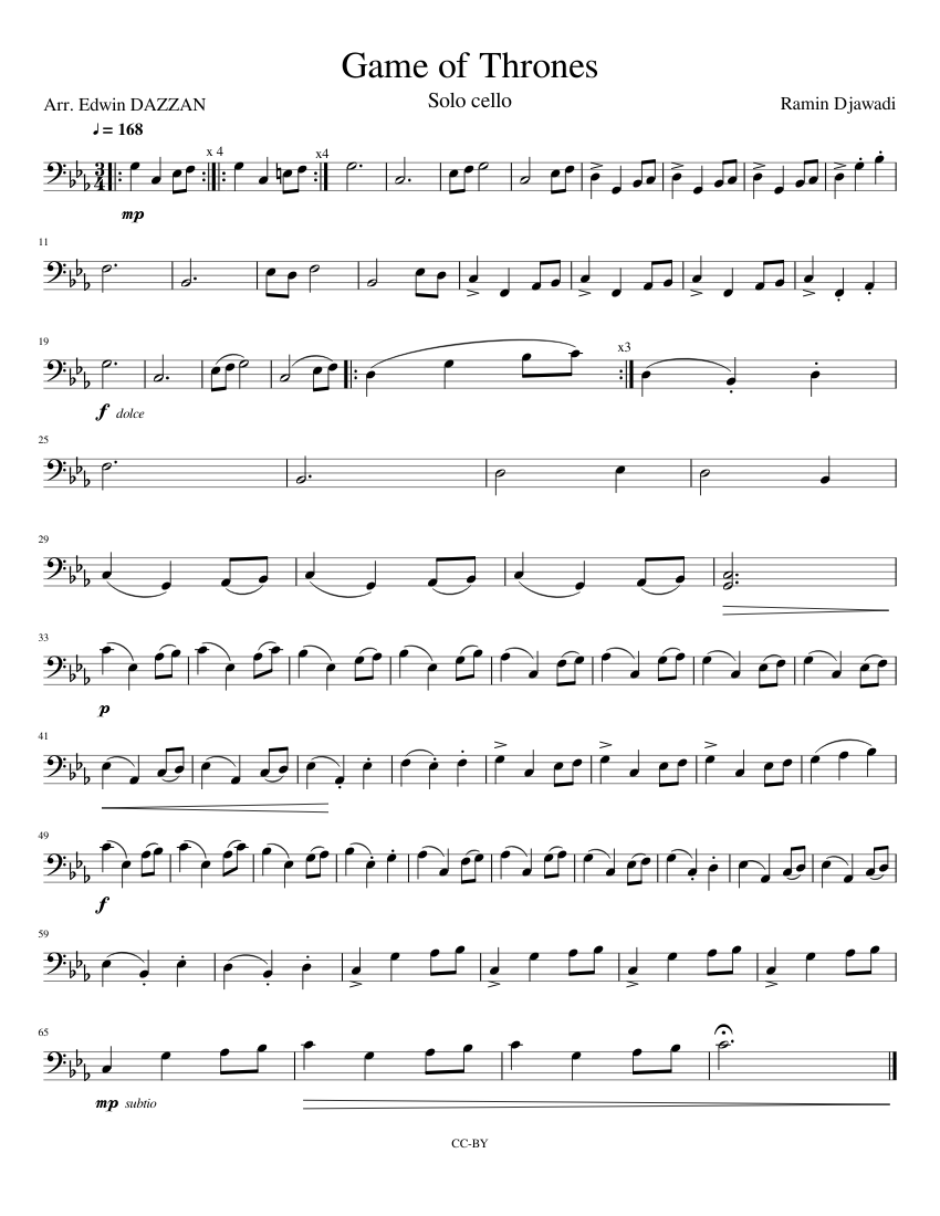 game of thrones music sheet cello