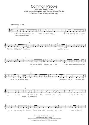 Common people – Pulp Sheet Music and Tab for Piano, Bass