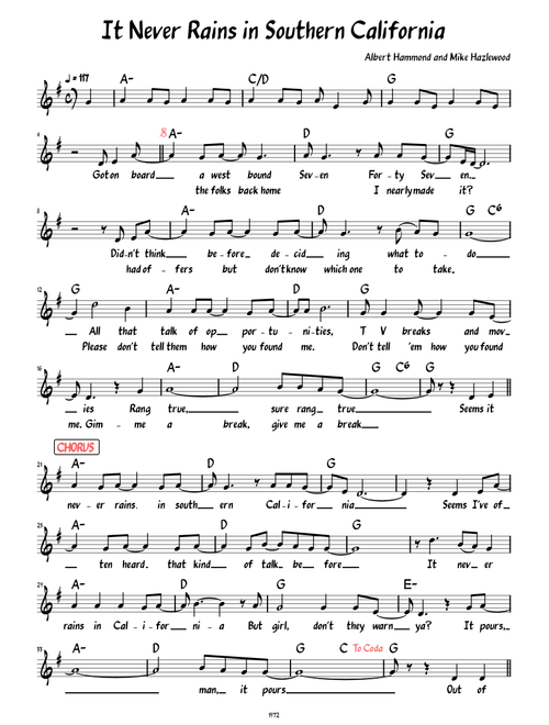 It Never Rains in Southern California (lead sheet with lyrics )