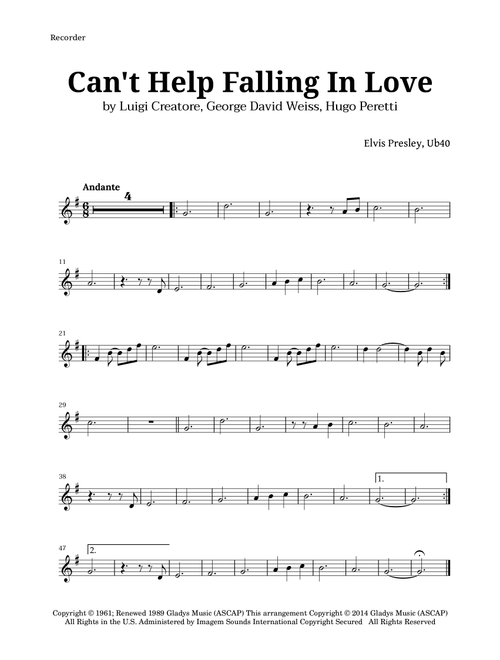 Can't Help Falling In Love (Arr. Langanho) - Elvis Presley (Recorder Solo)