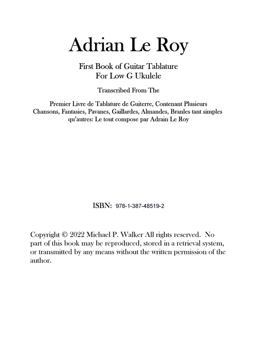 Adrian Le Roy First Book of Guitar Tablature For Low G Ukulele (Arr. Michael P Walker) (Ukulele)
