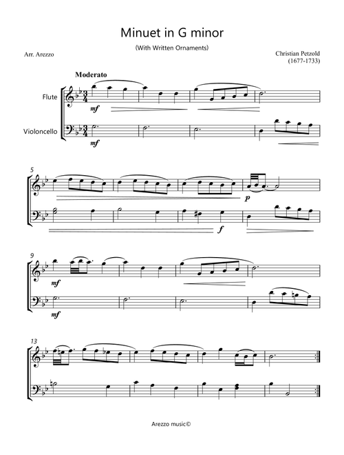 Minuet in G minor BWV Anh 115 - Flute and Cello Sheet Music (Arr. Arezzo Music) - Johann Sebastian Bach (Instrumental Duet)