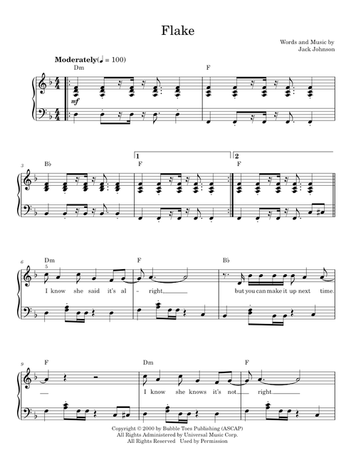 Flake - Jack Johnson (Easy Piano)