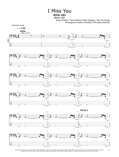 I Miss You (Arr. The Bass Diaries) - Blink-182 (Bass Tab)