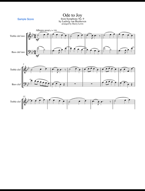 ODE TO JOY, Beethoven, Duo for String Duo, Woodwind Duo, any combination of a treble clef instrument (Arr. Sherry Lewis) - Ludwig van Beethoven (Instrumental Duet)