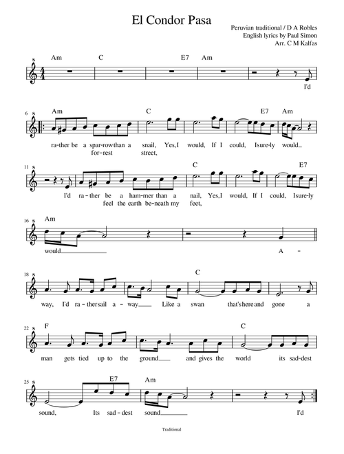 El Condor Pasa - C instruments such as recorder, flute, oboe, violin (with YouTube backing track) (Arr. Christy Kalfas) - Peruvian Traditional (Robles/Simon) (Small Ensemble)