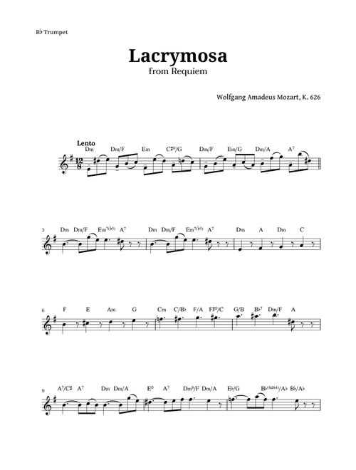 Lacrymosa from Requiem by Mozart for Trumpet (Arr. Langanho) (Trumpet Solo)