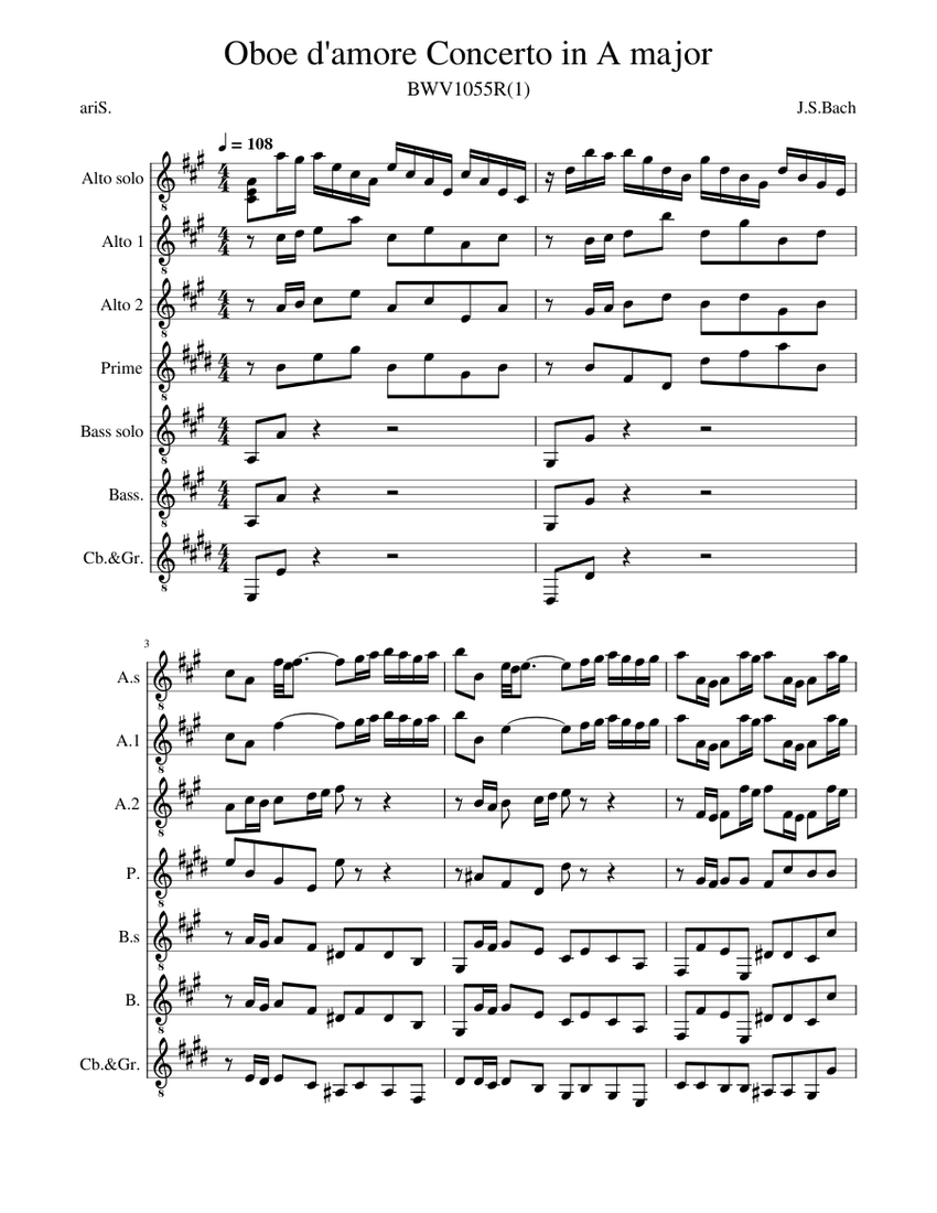 Oboe d'amore Concerto BWV1055R(1) J.S.Bach Sheet music for Guitar