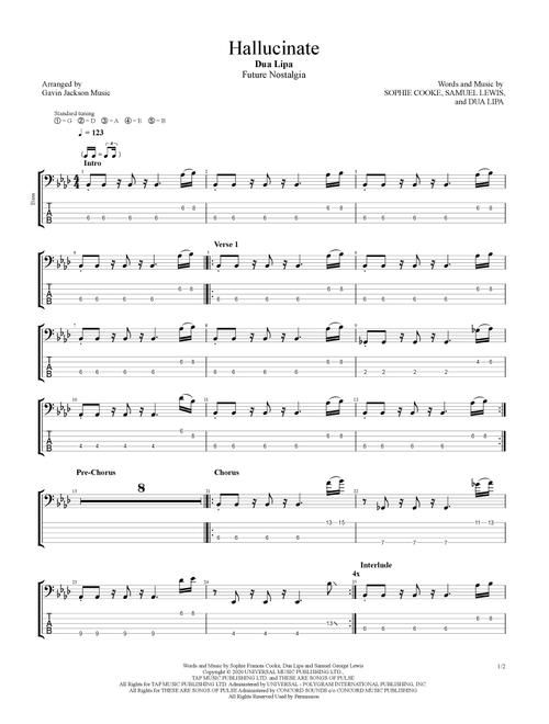 Hallucinate (Arr. Gavin Jackson Music) - Dua Lipa (Bass Tab)