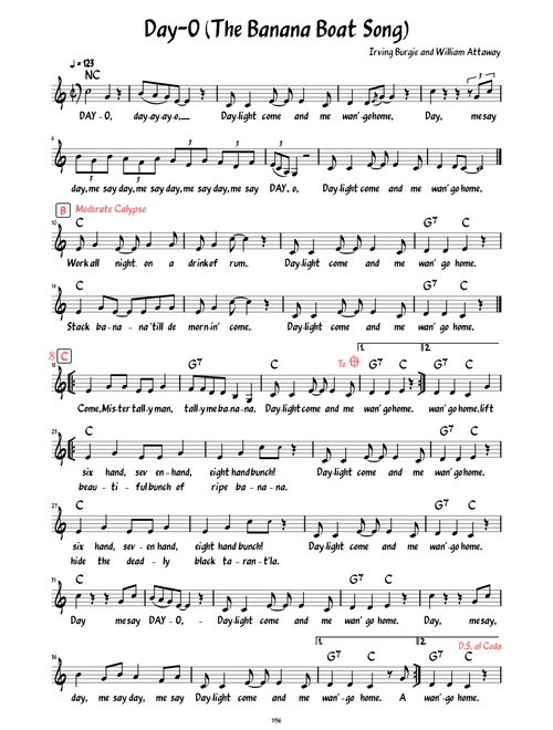 Day-O (The Banana Boat Song) (Lead sheet with lyrics )