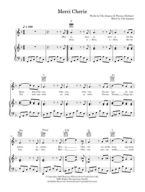 Merci Cherie - Udo Jurgens (Piano-Vocal-Guitar (Piano Accompaniment))