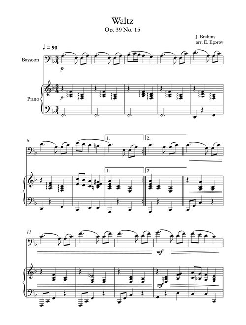 Waltz (Op. 39 No. 15), Johannes Brahms, For Bassoon & Piano (Arr. Eugene Egorov) (Bassoon and Piano)