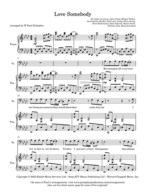 Love Somebody (Arr. W Paul Pulsipher) - Morgan Wallen (Piano Vocal)