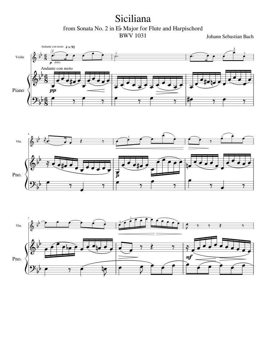 uøkonomisk Disciplinære bundet Siciliana by Bach BWV 1031 Transcription for Violin and Piano Sheet music  for Piano, Violin (Solo) | Musescore.com