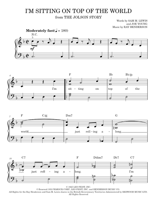 I'm Sitting On Top Of The World - Peter Bernard, E.Ray Goetz, Joe Young, Pete Wendling (Easy Piano)