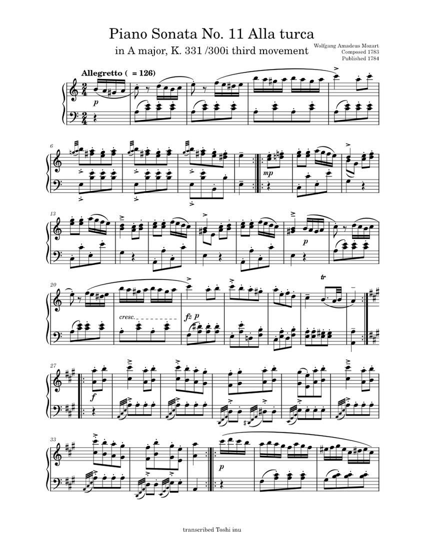mozart piano sonata no 11 in a rondo alla turca