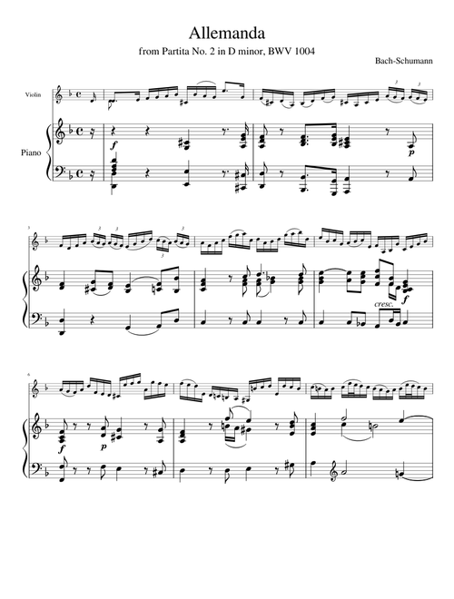 Allemanda from Partita No. 2 BWV 1004 by Bach-Schumann for Violin and Piano