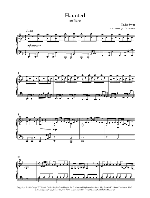 Haunted (Arr. Wendy Hellmann) - Taylor Swift (Piano Solo)