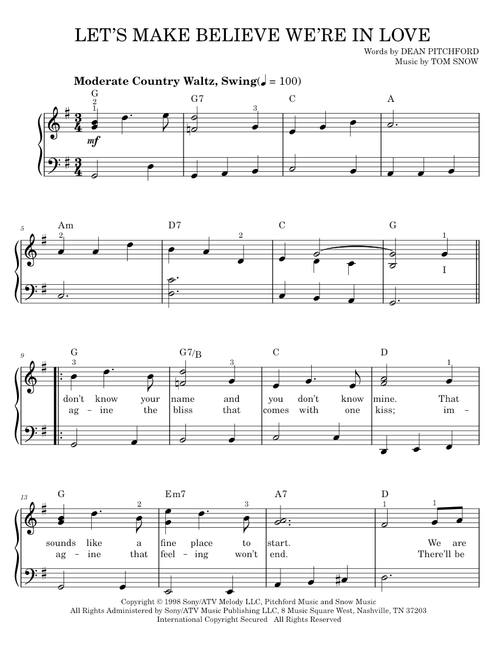 Let's Make Believe We're In Love - Dean Pitchford, Footloose Musical, Tom Snow (Easy Piano)