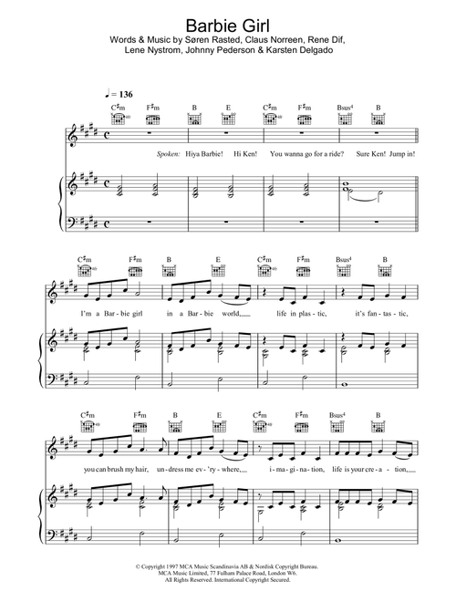 Barbie Girl - Aqua (Piano-Vocal-Guitar (Piano Accompaniment))