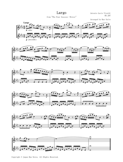 Largo from "The Four Seasons: Winter" RV 297 / Antonio Vivaldi (Arr. Kan Saito / Japan Duo Notes) (Flute Duet)