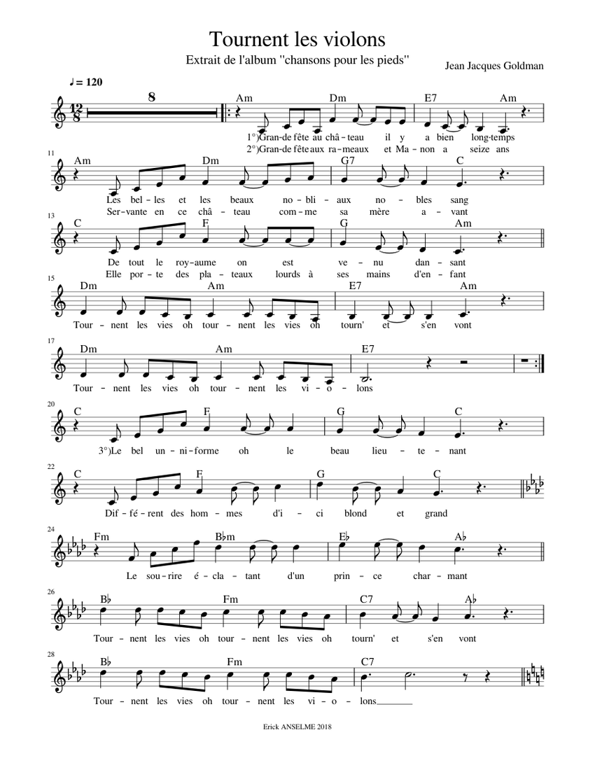 Jean Jacques Goldman Tournent Les Violons Paroles Tournent les violons Sheet music for Vocals (Solo) | Musescore.com