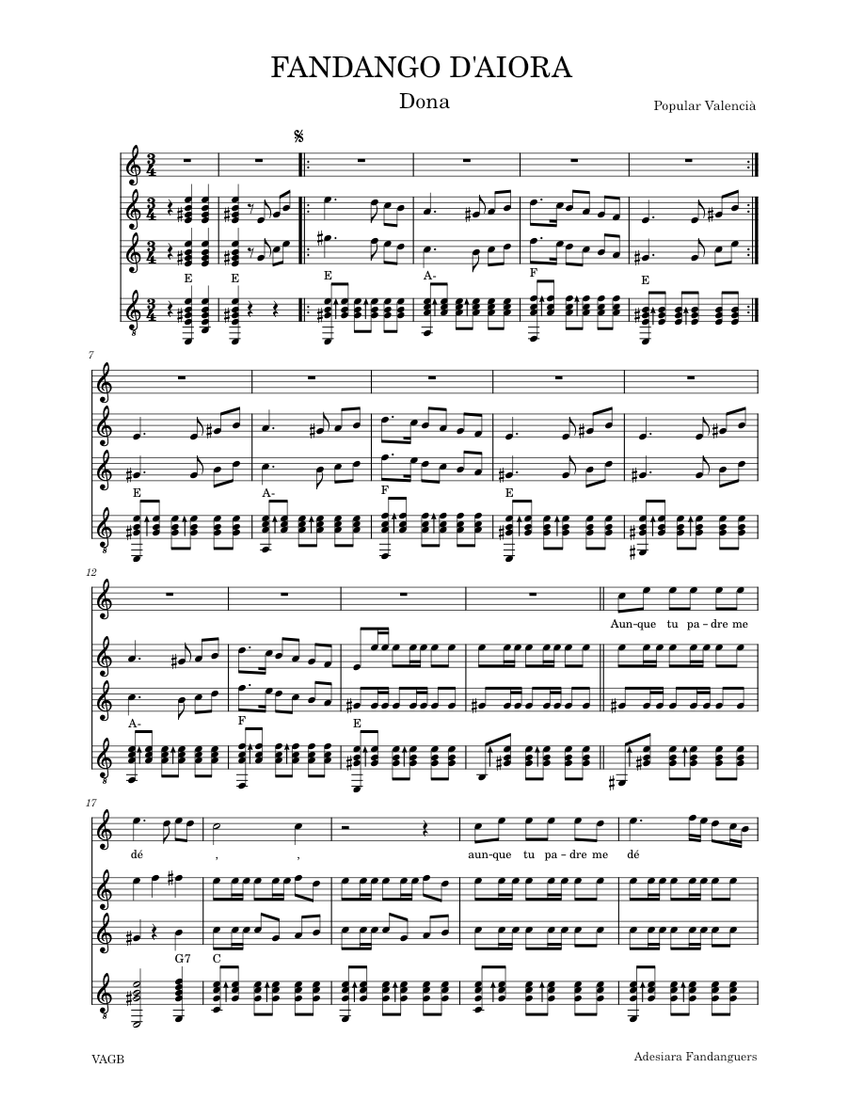 FANDANGO D'AIORA BLG Sheet music for Piano, Female, Guitar, Lute (Mixed ...