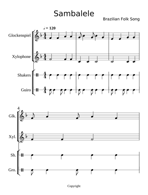 Sambalele (Orff Ensemble) - Brazilian folk song, arr. C. Nowmos