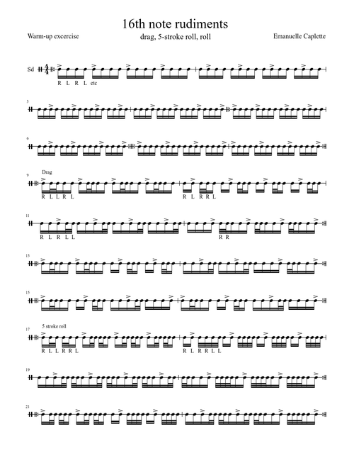 16th note rudiments - drag, 5 stroke roll, roll - warm up excercise