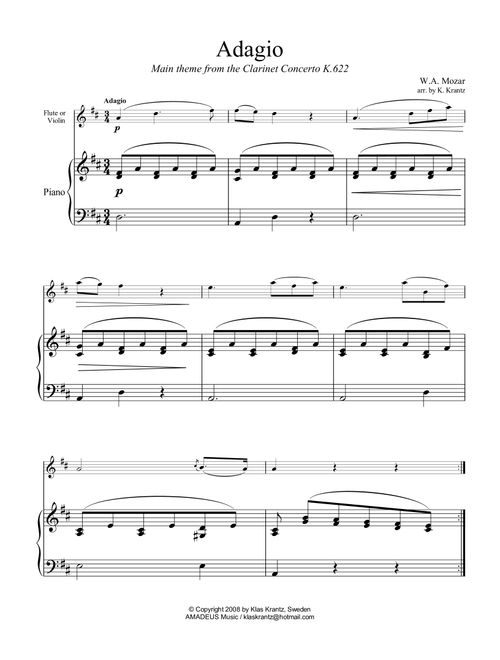 Adagio from the clarinet concerto (theme) for flute or violin and easy piano (Arr. Klas Krantz) - W.A. Mozart (Flute and Piano)