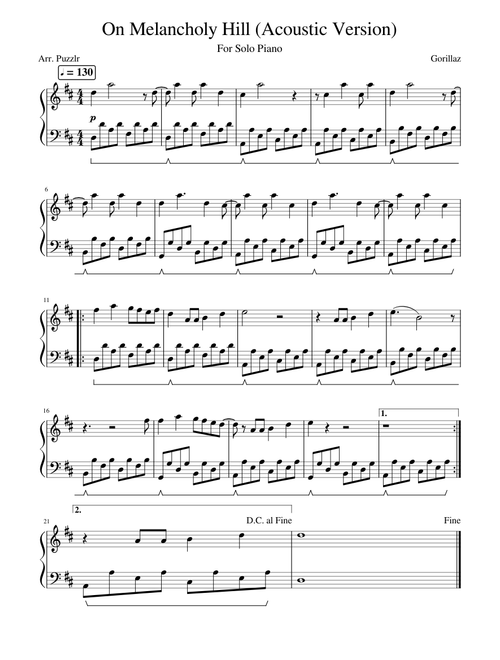 On Melancholy Hill (Acoustic Version for Solo Piano) by Gorillaz