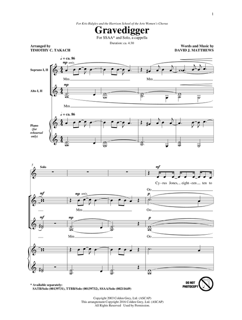 Gravedigger (Arr. Timothy C. Takach) - Dave Matthews, David J Matthews, Jerry Rubino (Choral, SSA)