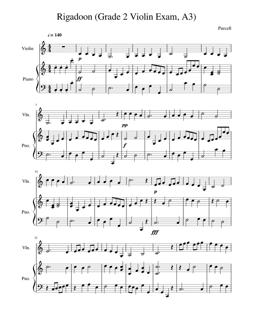 Rigadoon (Grade 2 Violin Exam 2016-19 , A3) Sheet Music for Piano ...