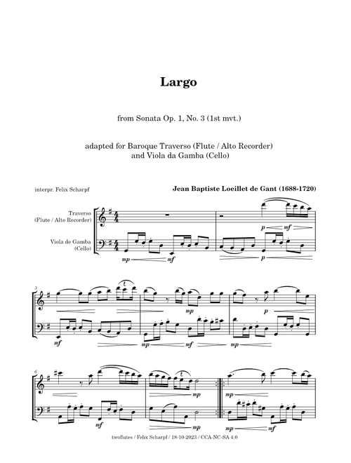 Largo - Sonata Op. 1, No. 3 (1st mvt) J. B. Loeillet de Gant - For Flute and Cello