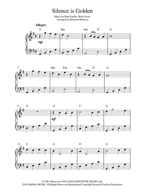 Silence Is Golden (Arr. Kaiserin Rebecca) - Bob Gaudio, Bob Crewe (Piano Solo)
