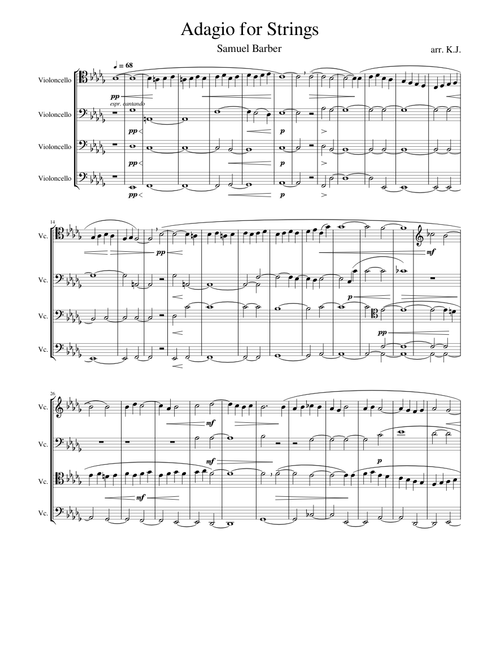 Adagio for Strings – Samuel Barber arr. by K.J. for Cello Quartet