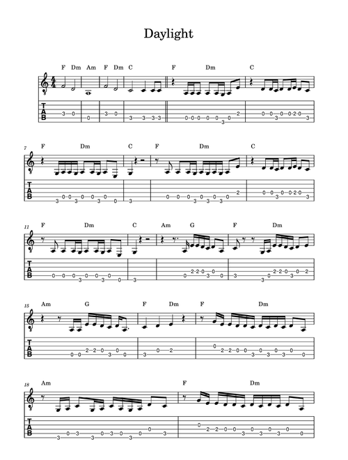 Daylight (Arr. Jinne Kim) - David Kushner (Easy Guitar with TAB)