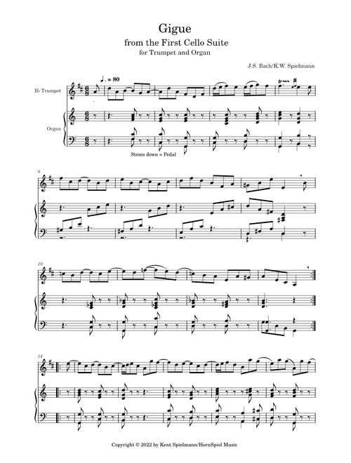 Gigue for trumpet and Organ from the First Cello Suite - J.S. Bach/Spielmann