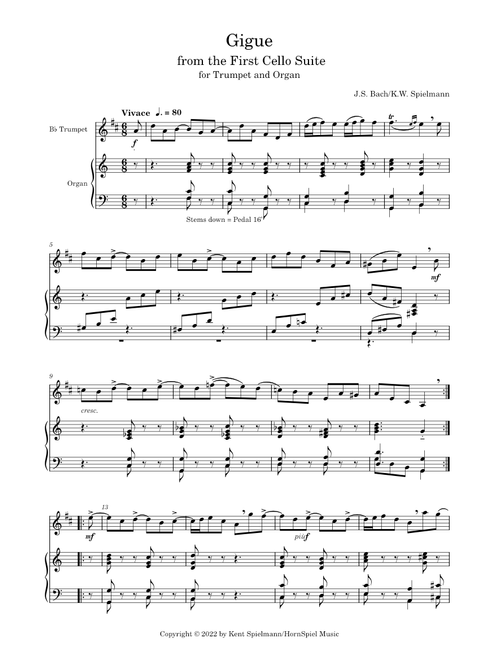 Gigue for trumpet and Organ from the First Cello Suite - J.S. Bach/Spielmann