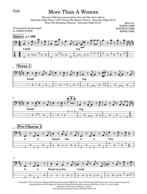 More Than A Woman (Arr. Jared Plane) - The Bee Gees (Bass Tab)
