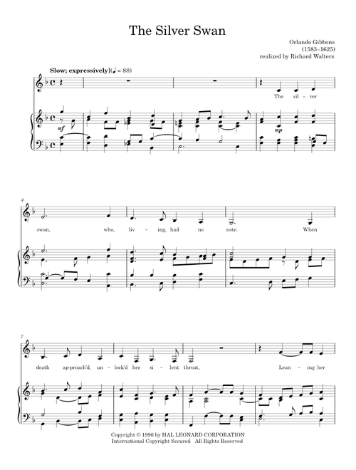 The Silver Swan - Orlando Gibbons (Piano Vocal)