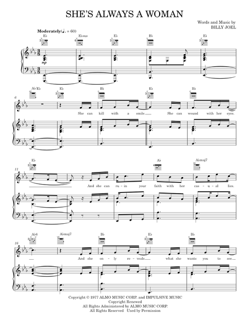 She’s Always a Woman - Billy Joel (Piano-Vocal-Guitar)